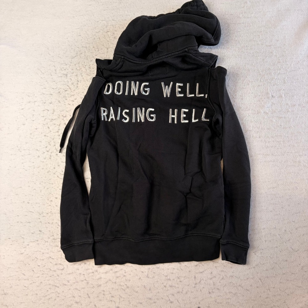 Zoe Karssen Zip Up Hoodie Womens XS Black Doing Well Raising Hell Cold Shoulder